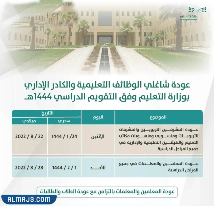 موعد عودة المعلمين في السعودية 1444